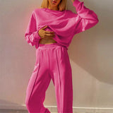 Casual Solid Tracksuit Loose Long Sleeve Pullover Sweatshirt And Elastic Wide Leg Pant Two Pieces Set Fashion Female
