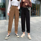 High Waist Corduroy Pants Fashion Belt Autumn Wide Leg Full Pants Spring Korean Pure Cotton Black Streetwear Ladies