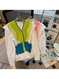 New Fashion Rainbow Striped Stitching Knitted Sweater Korean Style V-Neck Ruffled Long Sleeved Casual Outer Women Clothes-Outfit
