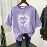 Plus Size T Shirt 100% Cotton L-6XL Tshirt Short Sleeve Women Top 2023 Summer Heart Print O Neck Oversized T Shirts-Outfit
