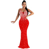 Fashion Women's Diamond Nightclub Sexy Sling Sleeveless Long Skirt Dress-Outfit
