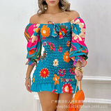 Neck Half Sleeve High Waist Dress Flower Off Shoulder Ruffle Hem Shirred Floral Print Mini Dress-Outfit