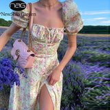 Vintage Floral Dress Women Summer Square Collar Puff Sleeve Long Dress Sexy Off Shoulder Side Split A-line Dress