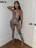 Kliou Mesh Paisley Print Two Piece Set Women Skinny O-Neck Sleeveless Top+ Multi-Color Pencil Pants Streetwear Female