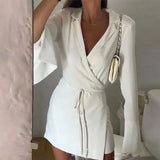 Black Satin Turn-down Collar Shirts Dress Sexy Women V-Neck Lace Up Summer Dresses 2021 Autumn Long Sleeve Party