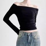 Woherb Wind Foundation Simple Solid Color One Word Collar Off-Shoulder Bottom T-Shirt 2023 New Temperament Age Reduction Slim Jacket-Outfit
