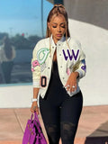 2021 Women's Autumn Winter Fashion Print Double Thread Baseball Jacket Casual Loose White Buttons Women Coats Contrast