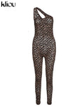 Kliou Flocking Mesh Jumpsuit Inclined Shoulder Leopard Style Patchwork One Piece Clothing Sexy Midnight Clubwear Female