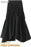 Women Ins Solid Color Pleated Asymmetrical A-line Skirt Casual High Waist Mid-length Long Skirt For Spring Summer QT2044-Outfit