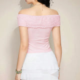 Woherb Style Sexy Lace Stitching Flower Short-Sleeve T-Shirt One-Line Shoulder Solid Color Slim Base Top-Outfit