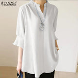 Summer Blouses ZANZEA 2022 Vintage Solid Tops Half Sleeve Blusas Female V Neck Tunic Casual Chemise Oversize