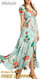 V-Neck Loose Long Print Summer Dress Women Elegant Casual Beach Dress Women Vacation Bohemian Short Sleeve Dresses 19138-Outfit