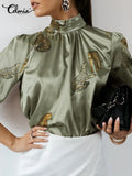 Women Satin Blouse 2022 Fashion Elegant Tunic Slik Tops Autumn Solid High Collar Shirt Long Sleeve Party Blusas