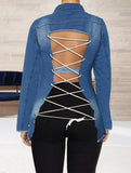 Winter Casual Blue Ripped Bandage Long Sleeve Jeans