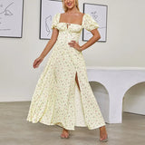 Vintage Floral Dress Women Summer Square Collar Puff Sleeve Long Dress Sexy Off Shoulder Side Split A-line Dress