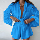 Women's Casual Pure Color Lotus Leaf Side Shorts Shirt Fashion Set Women's