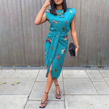 Summer New Fashion O Neck Sleeveless Women's Set Casual Bodycom Solid Butterfly Print Folds Split Ladies Mid-length