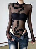 Personality Snake Print Sexy Body-Repair Perspective Basic Round-Neck Long-Sleeved Joint Jacket