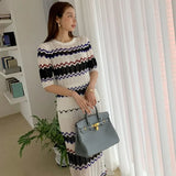 Striped Dress Sets for Woman Knitting Tops + Skirts Dark Blue Summer Korean Style Elegant Business Knit 2 Piece Sets