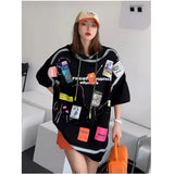 patchwork sexy see through long tees women turn-down collar half sleeve tops streetwear fashion cool tees 601-0-Outfit