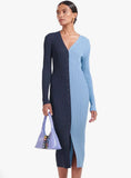 Contrast Color Commuting Button V Neck Long