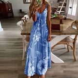 Spaghtti Strap Summer Women Dress Beach Holiday Sexy Maxi V-Neck Sleeveless Floral Print Casual Long Bohemian