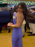 Women Chic Purple Skinny Halter Lace Up Midi Dress Sexy Swinging Neck Backless Slit Vestidos 2024 New Lady Elegant Evening Gowns-Outfit