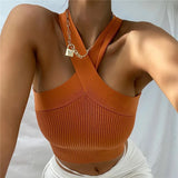 Woherb Cross Hanging Neck Knit Sling Small Vest Bare Back Tight Show Thin Bandage Wipe-Outfit