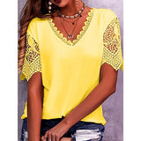 Women's T-Shirt Burst Lace Splicing Loose V-Neck Short-Sleeved