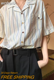 Elegant Women Blouses Women's Summer Tops 2023Striped Cuban Neck Short Sleeved Shirt for Women's Summer French Casual Shirt-Outfit
