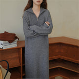 Woherb Lapel Half Zipper Wool Dress 2024 Autumn And Winter New Style With Loose Casual Long Knit Bottom Shirt Women-Outfit