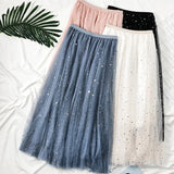 Elegant Korean Women Tulle Skirt Fashion Sequin Star Summer Mesh Ladies Long Skirt Elastic High Waist Party White