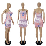 Dollar Print Pink Mini Dress for Women Elegant Halter Lace Up Bodycon Evening Club Party Dresses y2k Clothes Hot Girls-Outfit