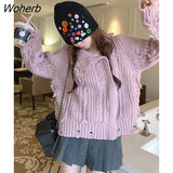 Winter Zipper Sweater Jacket Women Casual High Street Loose Chic Warm Coat Female Korean Fashion HOLE TASSEL Designer Tops-Outfit
