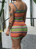 Kliou Mesh Striped Panelled Mini Dress Women Fashion Spaghetti Strap Multi-Color Body-Shaping Skirt Streetwear Female