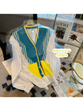 New Fashion Rainbow Striped Stitching Knitted Sweater Korean Style V-Neck Ruffled Long Sleeved Casual Outer Women Clothes-Outfit