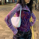 Aesthetic Women T-shirt 90s Vintage Patchwork Hollow Out Skinny Long Sleeve Crop Top Autumn Streetwear E-girl Gothic