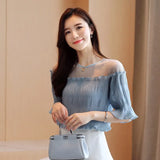 Blouses Summer Blusas Mujer De Moda 2021 Chiffon Shirt Short Sleeve Korean Solid Mesh Top Fashion Elegant Clothes 8981