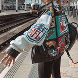 Women Printed Bomber Jacket Long Sleeve Stand Collar Stitch Coats 2022 New Korean Style Streetwear Girls Baseball