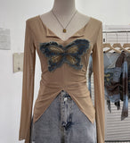 Real Shooting Pure Sexful V-Neck Umbilly T-Shirt Female Hairy Denim Butterfly Embroidered Mesh Yarn Long Sleeve Top