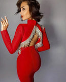 Quality Red Black Sexy Fashion Sparkly Backless Diamonds Tassel Rayon Bandage Dress Cocktail Party Dress