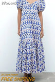 2023 Women Summer MIDI Dress Vintage Print Puff Sleeve Elastic Bust Female Elegant Street Mid-Calf Dresses Clothing-Outfit