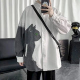 Harajuku Men Shirts Long Sleeve Cat Print White Loose Hong Kong Style Retro Autumn Thin Blouse Male Shirt Korean Fashion