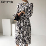 Spring Fashion Stand Collar Women Dress Elegant Long Sleeve Loose Female Lace-up Printed Mid-length Dress Vestidos 2021-Outfit
