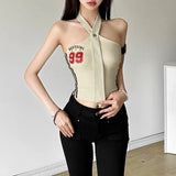 Woherb 2024 Summer Women's Tie Design Hanging Letter Print Slim Vest-Outfit