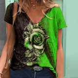 Rose Print T-Shirts Women Casual V-Neck Short Sleeve Loose Tee Shirt Female 2021 Fashion Street Hipster Pullover