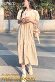 Dress Women Korean Style Floral Shirring Casual Summer Holiday Sweet Preppy New Elegant Simple Female Breathable Ins-Outfit