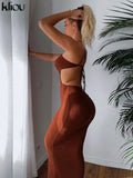 Kliou Ribbed Lace up Maxi Dress Women Sexy Solid Sleeveless Backless Body-Shaping Cut Out Skirt Party Clubwear Female