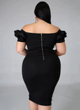 Elegant Plus Size Off Shoulder Ruffled Sleeve Bodycon Midi