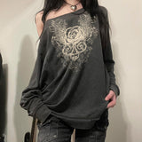 Woherb 2024 New Dark Wind Vintage Print Loose Jacket Diagonal Collar Hoodie Coat Female-Outfit
